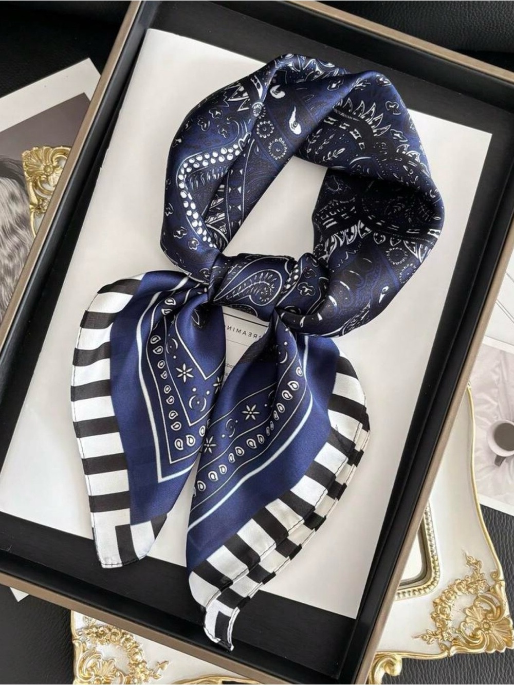 Navy Handkerchief Bandana  Scarf with Black & White Stripe Trim 27.5”
